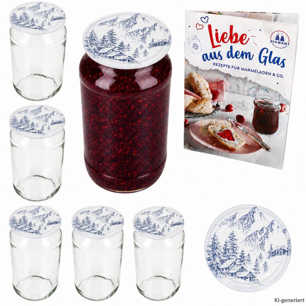 6er Set Sturzglas 1062ml Alpendekor Deckel Rezept-Heft