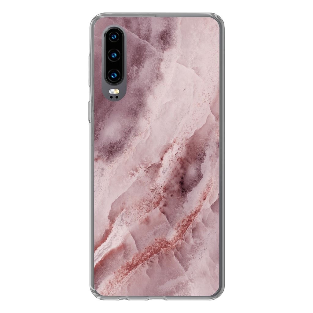 MuchoWow Handyhülle Schutzhülle Hülle für Huawei P30 Naturstein - Rosa - Luxus Silikon Softcase Handy Hülle - Kartenbesitzer
