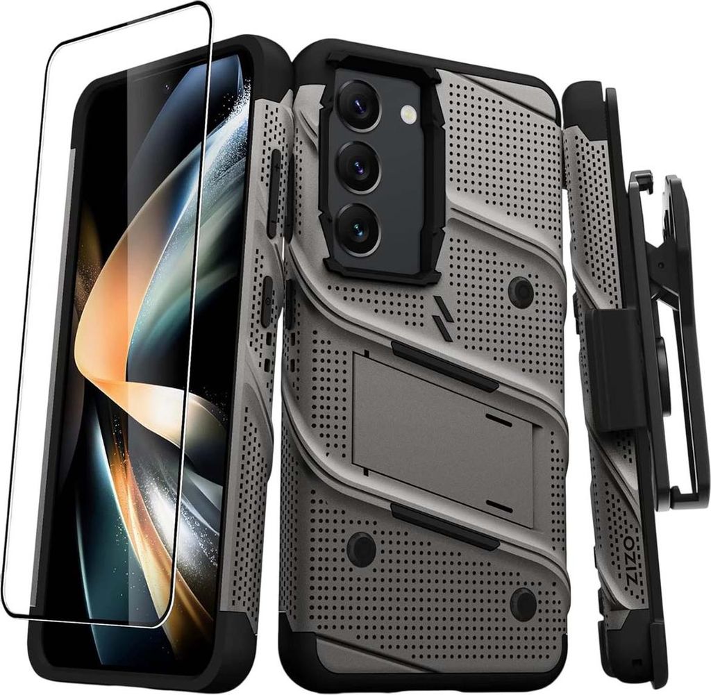 ZIZO BOLT Serie - Samsung Galaxy S23 Panzerhülle mit 9H Glas für Bildschirm + Halterung mit Ständer (grau)