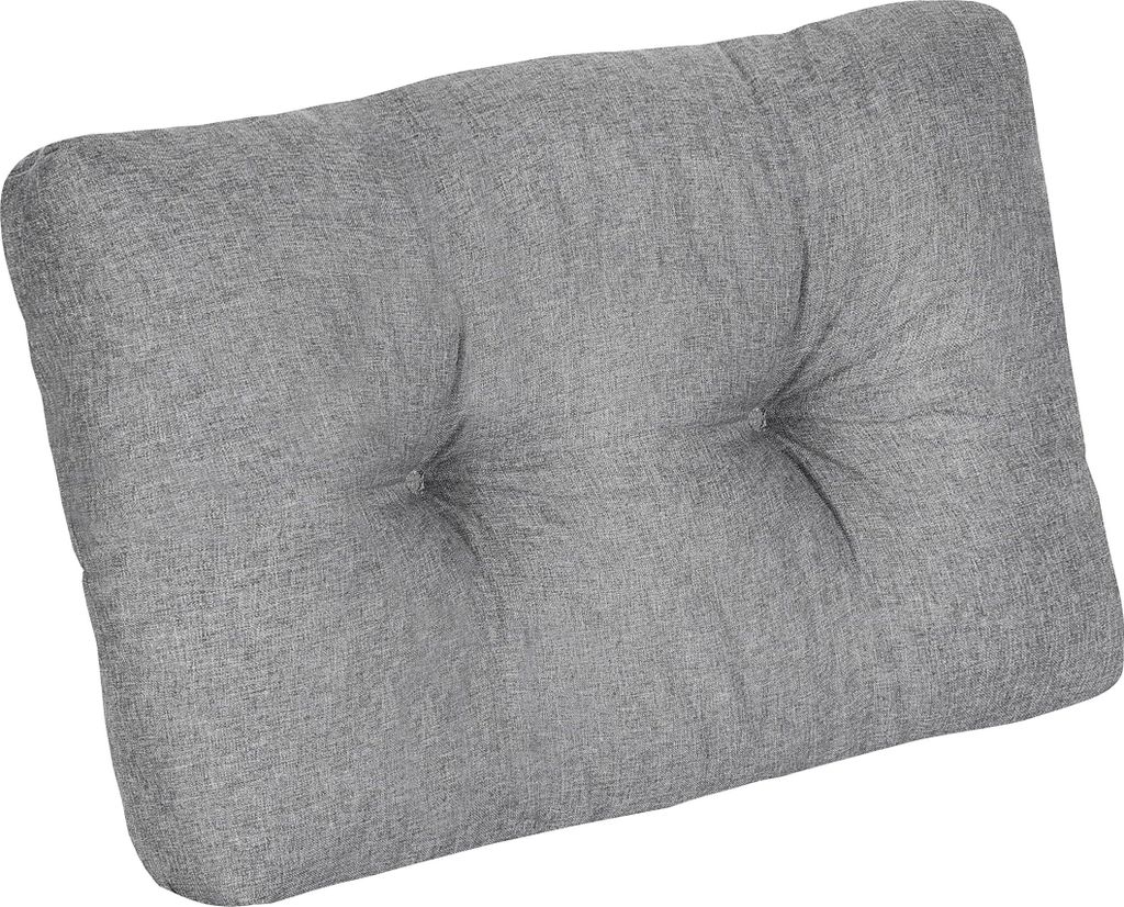 A gray tufted cushion on a white background.