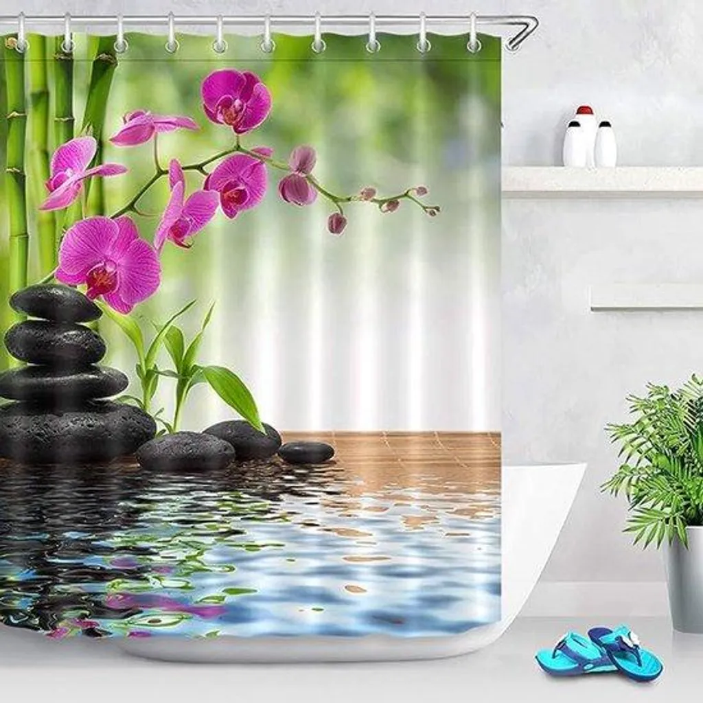 Rideau de douche déco japonaise en polyester orchidée 150 x 180 cm