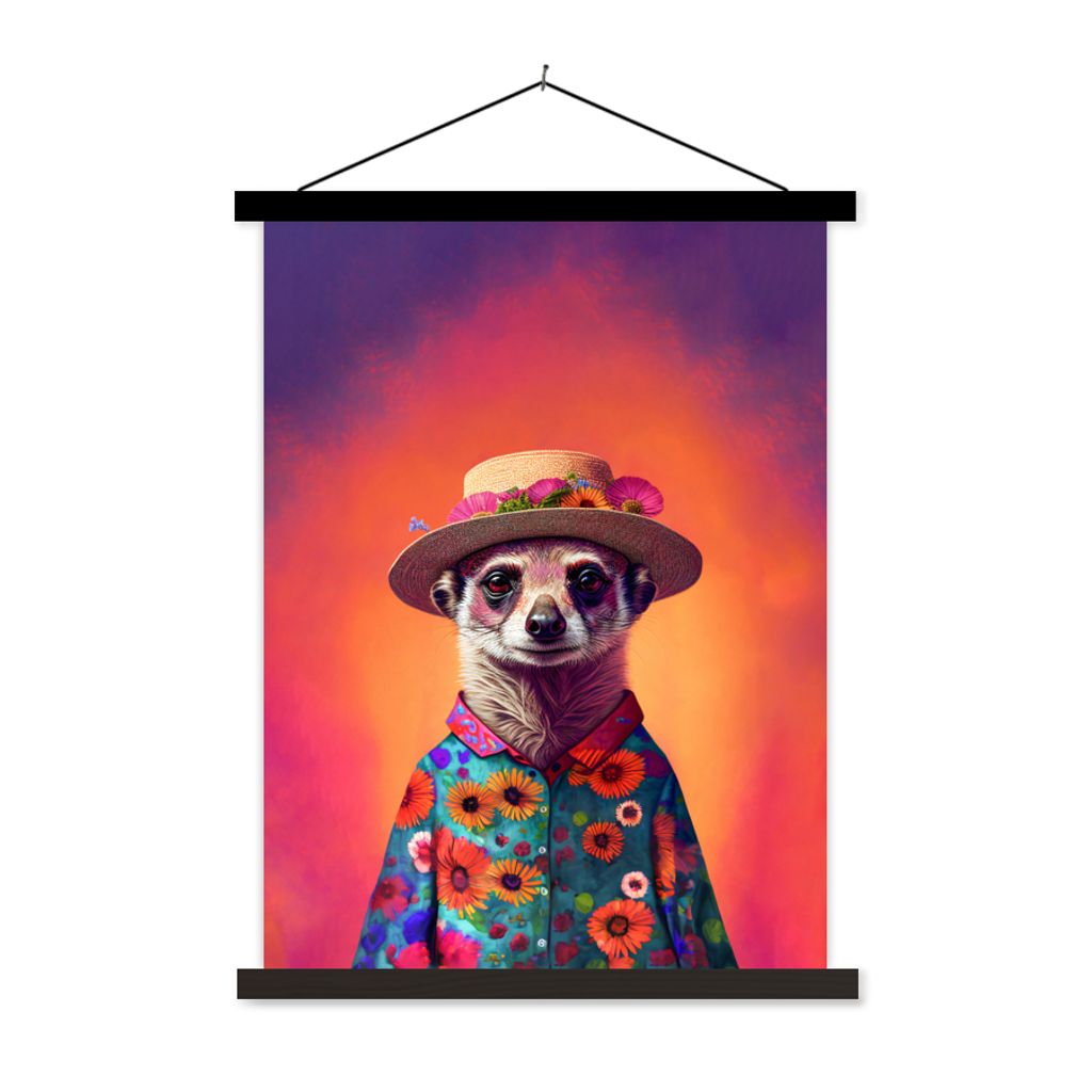 MuchoWow Textilposter Erdmännchen - Blumen - Hut - Tiere - Porträt - Erdmännchen 120x160 cm mit schwarzem Rahmen - Magnetischer