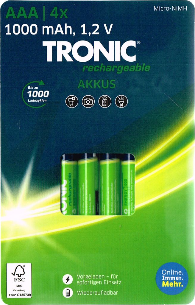 Tronic Akku Ni-MH 4 Stück - schnellladefähig & bis zu 1000x Produktbild 