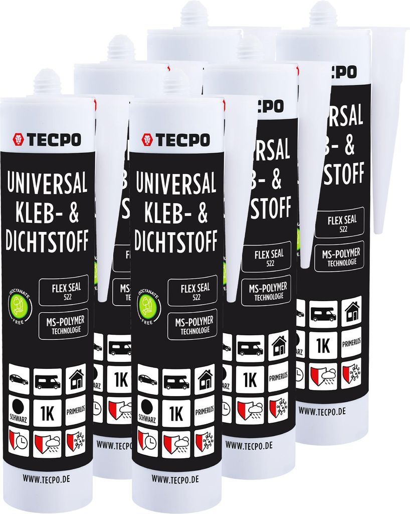 TECPO Universal Kleb- und Dichtstoff SMP Hybrid, 6x 480g Schwarz Flex Seal 522 elastisch, silikonfrei, lösemittelfrei- KFZ Bau Industrie Innen und...