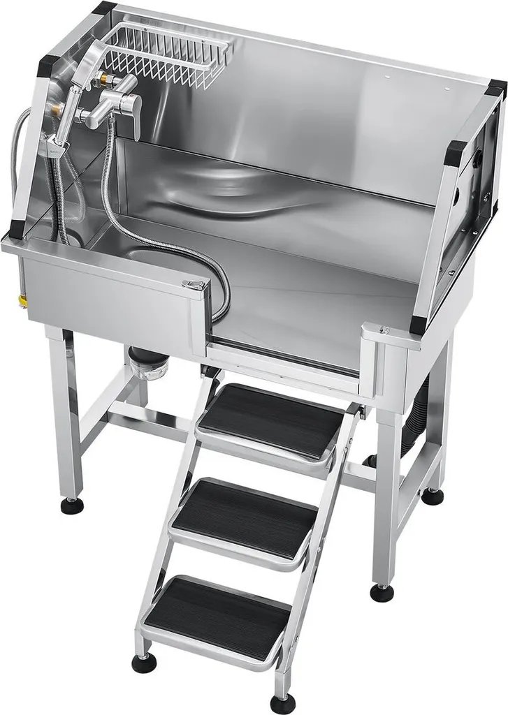 Station de lavage pour chien en inox 86cm avec rampe et douche complète