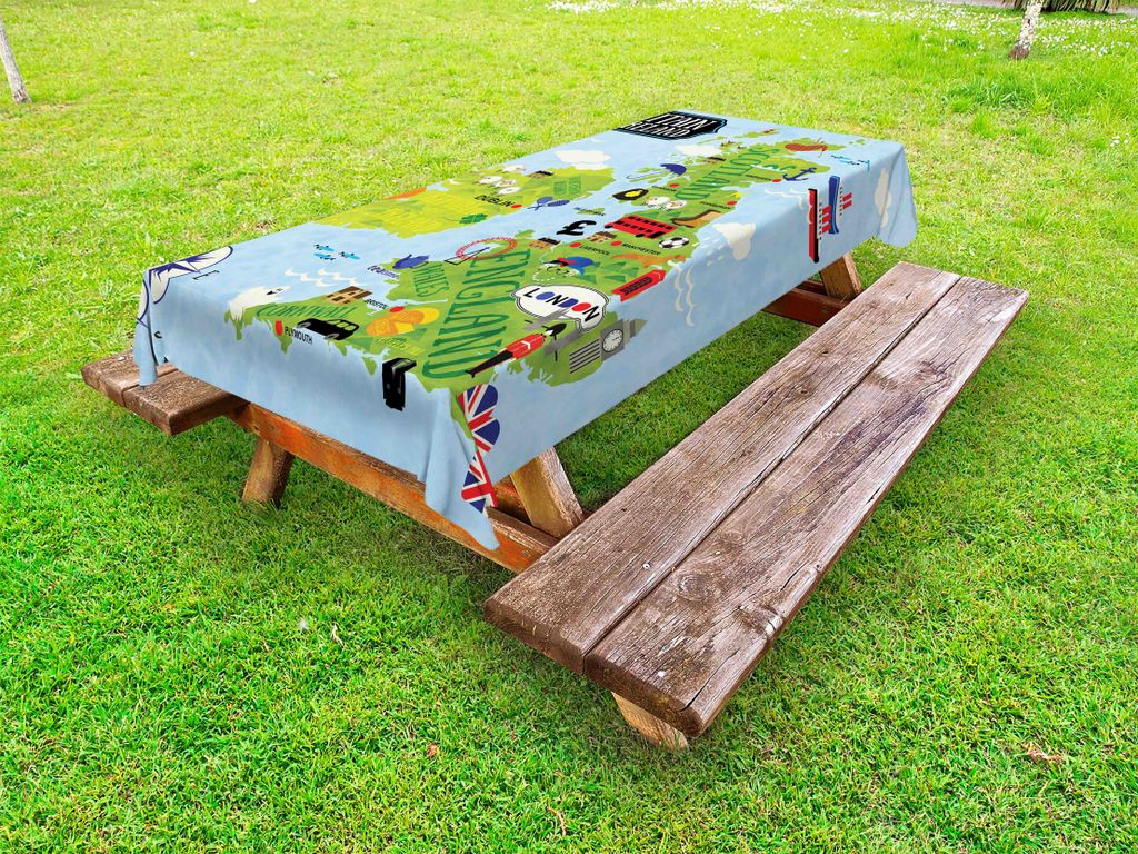ABAKUHAUS Fernweh Tischdecke Outdoor, Cartoon Karten von Großbritannien Irland Kinder Soldat Sehenswürdigkeiten, Blassblau Apfelgrün, 145x210cm