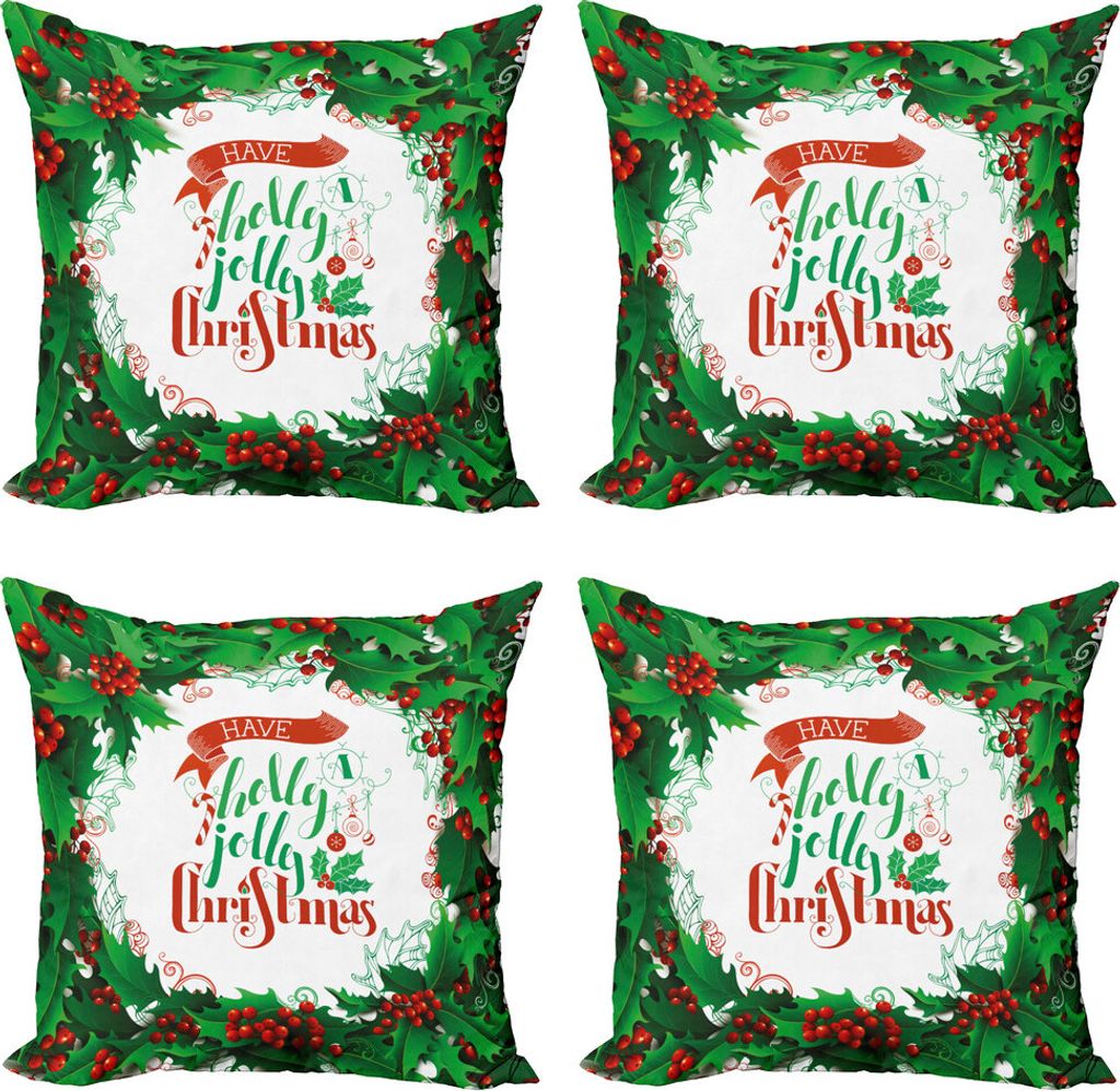 ABAKUHAUS Weihnachten Kissenbezug Set (4 Stück), Beeren Rahmenwörter, Moderner Doppelseitiger Digitaldruck, 45 cm x 45 cm, Grün, Rot und Weiß
