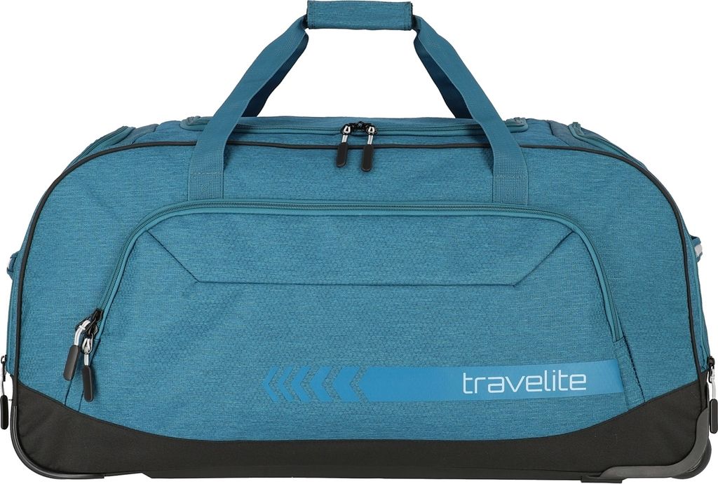 A teal and black rolling duffel bag with the brand name 'travelite' printed on it.