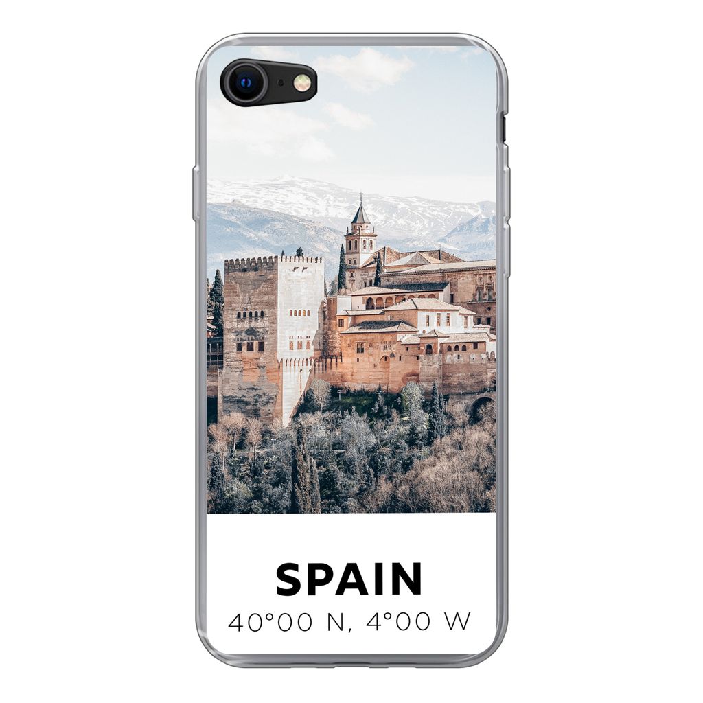 MuchoWow Handyhülle Schutzhülle Hülle für iPhone SE 2020 Spanien - Schloss - Vintage - Sommer Silikon Softcase Handy Hülle - Kartenbesitzer