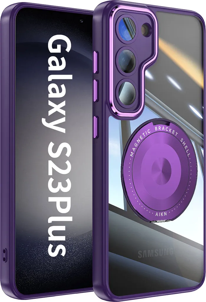 Custodia per cellulare per Samsung Galaxy S23+ protezione militare trasparente con supporto ad anello magnetico e copertura per fotocamera viola