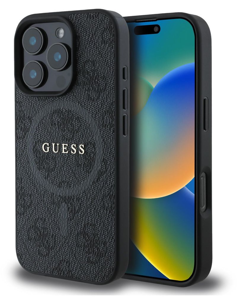 A black Guess phone case with a repeating logo pattern and a circular ring for MagSafe charging is shown next to an iPhone.