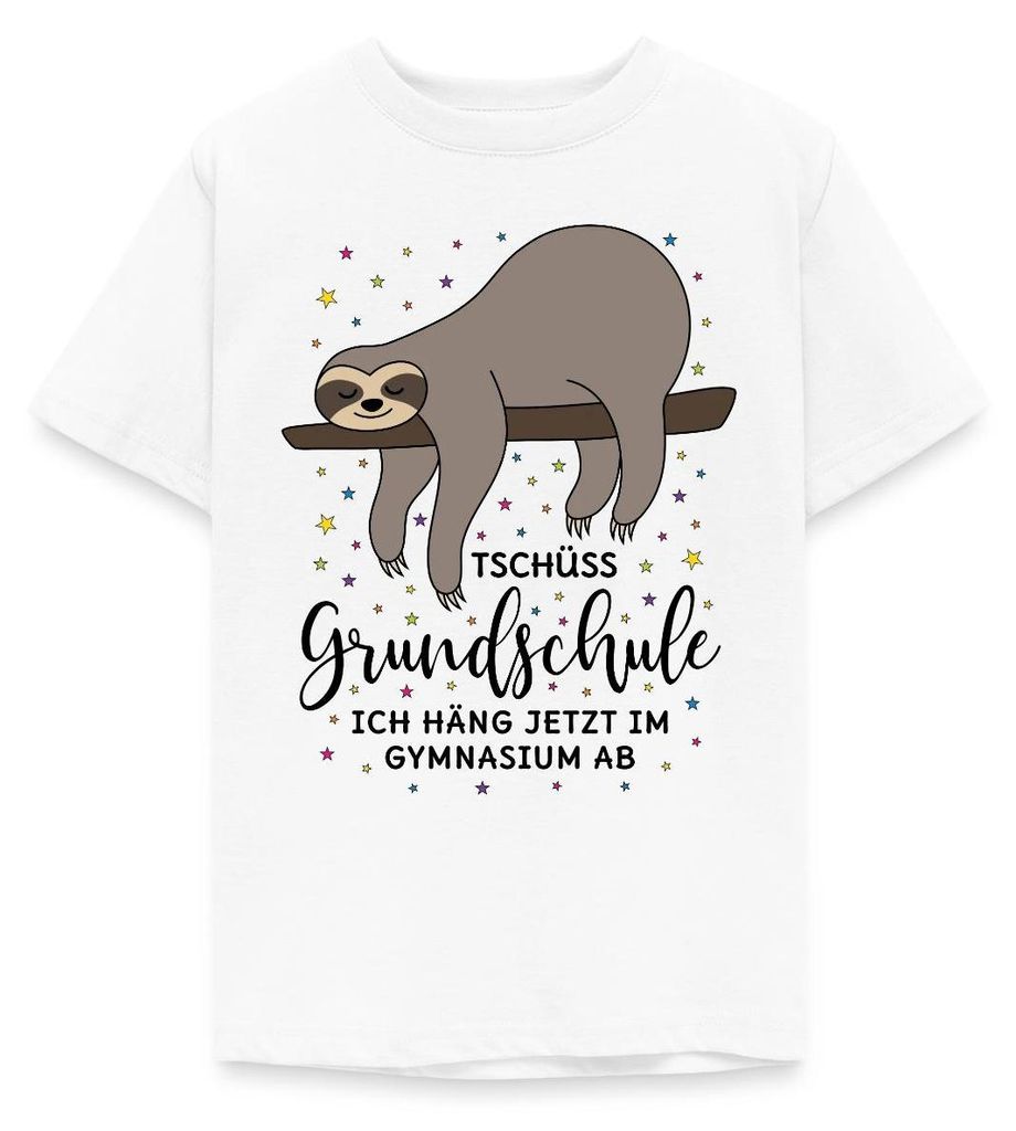 Spreadshirt Tschüss Grundschule Faultier Grundschulabschluss Teenager T-Shirt, 134/146 (9-11 Jahre), Weiß