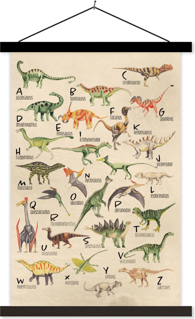 MuchoWow Textilposter Alphabet - Dinos - Kinderzimmer - Jungen - Mädchen - Kinder 40x60 cm mit schwarzem Rahmen - Wanddekorationen
