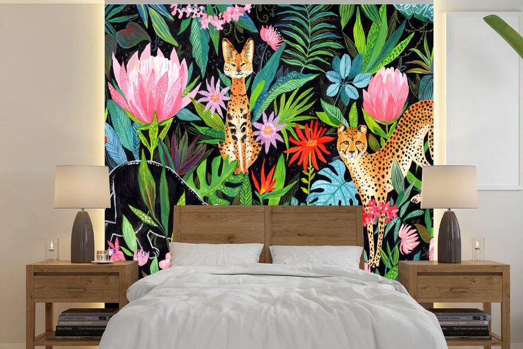 MuchoWow Fototapete für Wohnzimmer oder Schlafzimmer Wandtapete Vinyl Motivtapete Dschungel - Tiere - Blätter - Blumen - 260x260 cm - Papiertap...