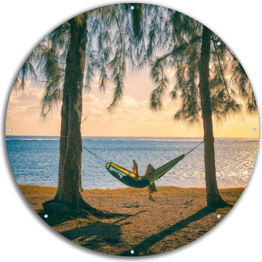 Wallario rundes Outdoor-Poster für Garten oder Balkon, Motiv Chillout - Hängematte am Meer, 60 cm Durchmesser