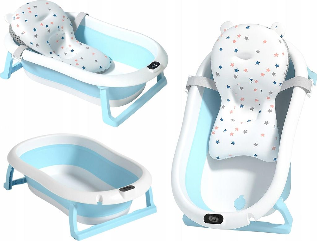Ekspand | Babybadewanne ARIEL - Faltbar Blau - Groß mit Kissen und Thermometer - Platzsparend und Sicher