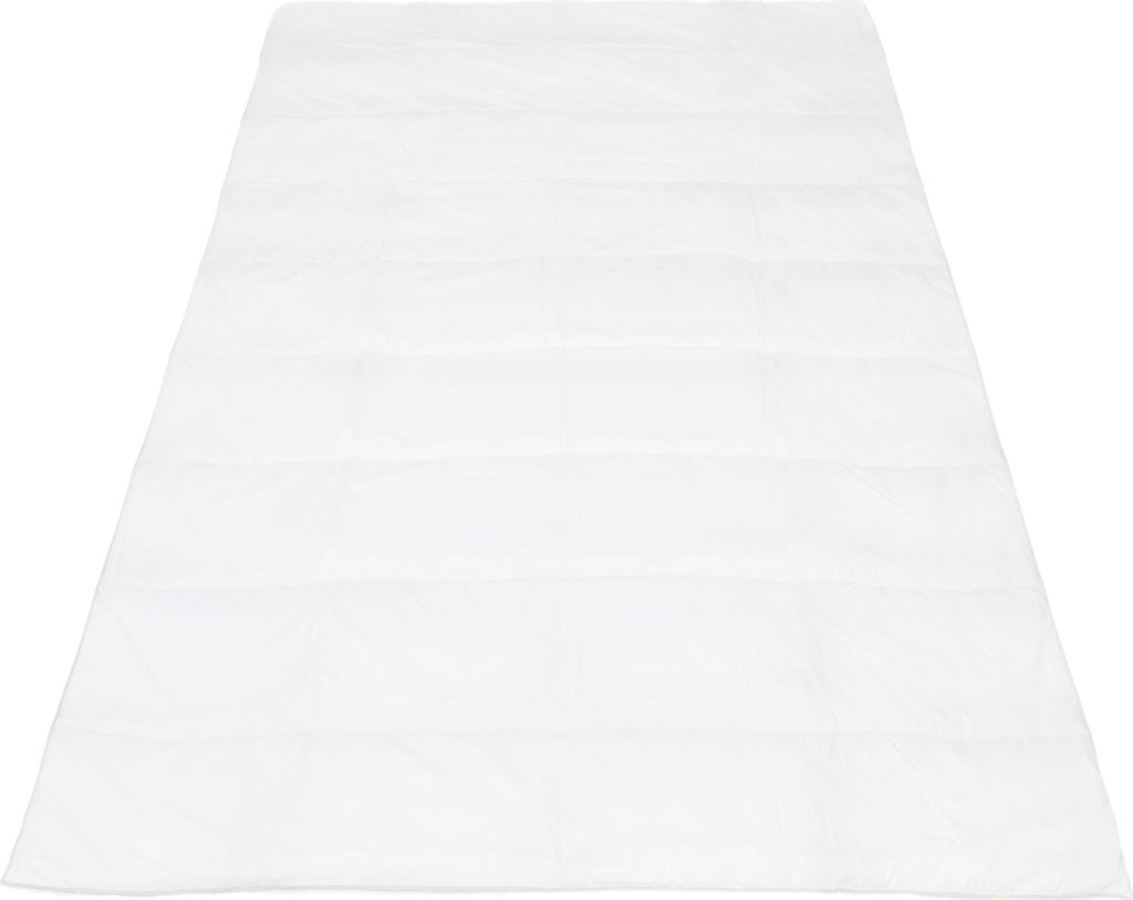 A white quilted blanket laid flat on a white background.