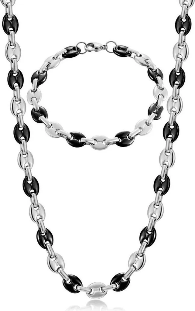 AFSTALR Collier Grain de Café pour Homme en Acier Noir et Argent 56cm