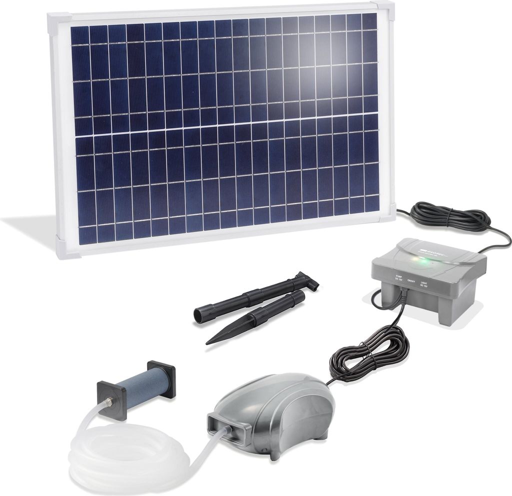 A solar panel and pond aeration kit laid out on a white background.