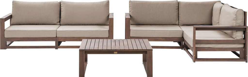 BELIANI Gartensofa Set mit Couchtisch Dunkelbraun Akazienholz Auflagen Taupe Retro Landhaus Stil 2-Sitzer Sofa und Ecksofa mit Tisch Terrasse Outdoor