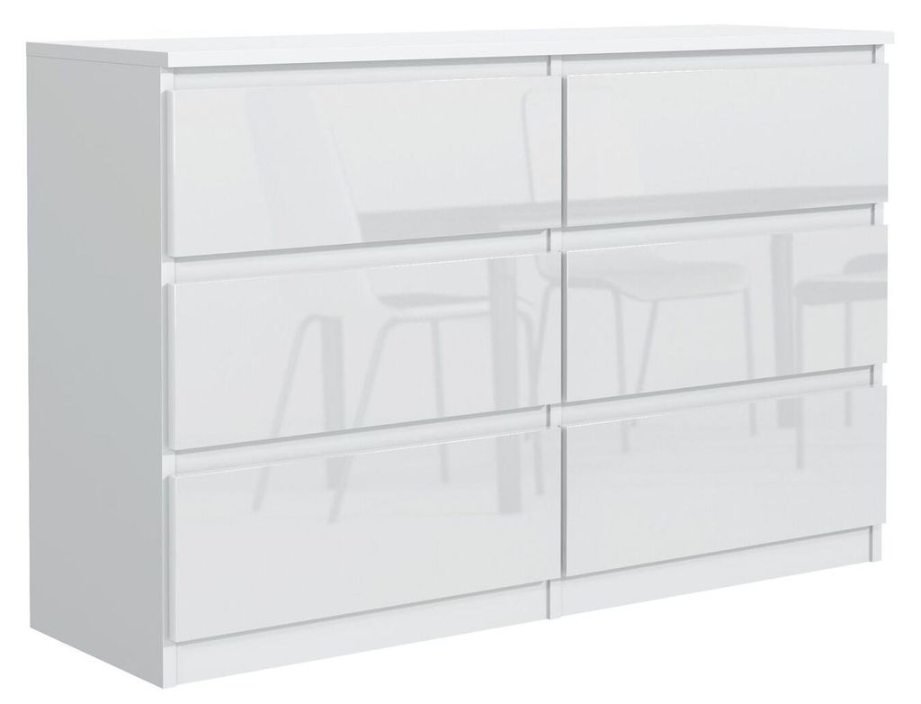 Masseno Kommode NUDO 138,5 cm Sideboard mit 6 Schubladen und Türen für Wohnzimmer Schlafzimmer Modern 138,5x39x78,5 cm Weiß / Weiß