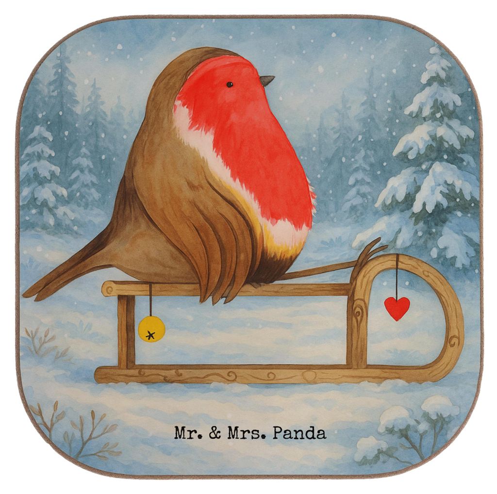 Mr. & Mrs. Panda Tischschoner Rotkehlchen Schlitten Design - Weiß - Geschenk, Weihnachten, Vogel, Untersetzer für Gläser, Coaster, gläserunters...
