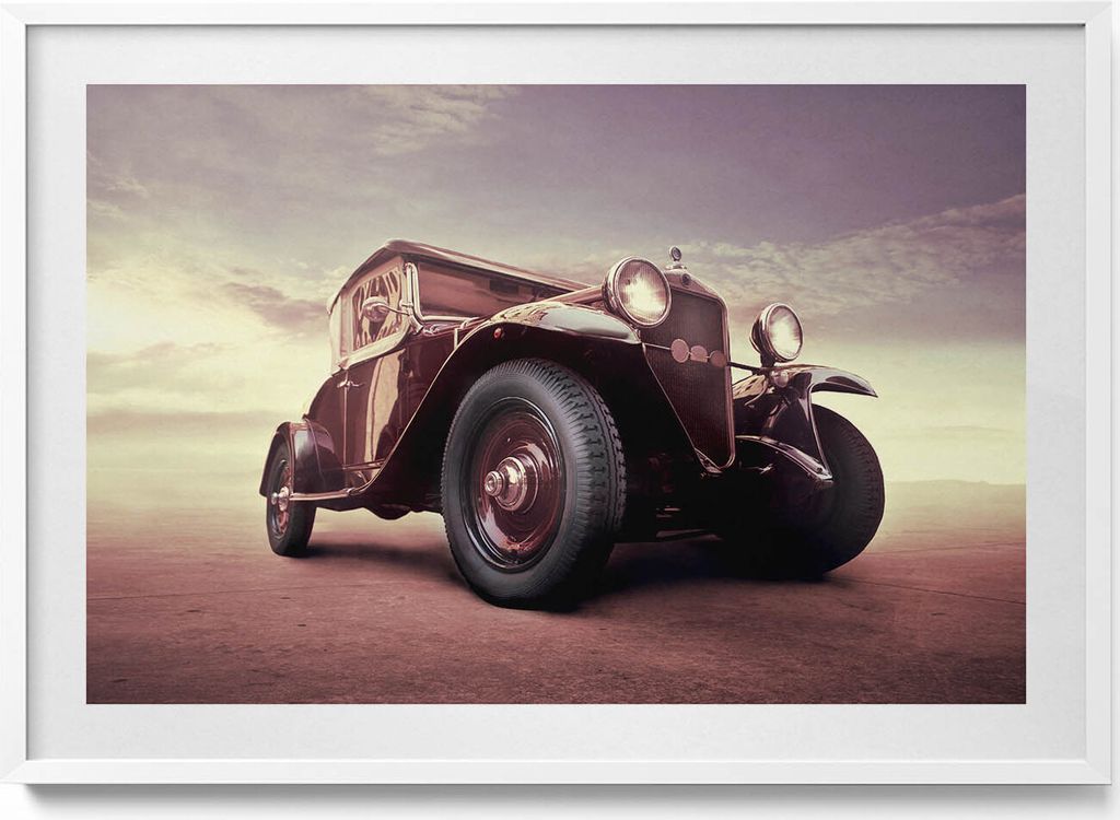 Automobil - Oldtimer– Wandbild mit Rahmen – Gerahmtes Bild – Wanddekoration – 100x70 cm – Weiß Rahmen