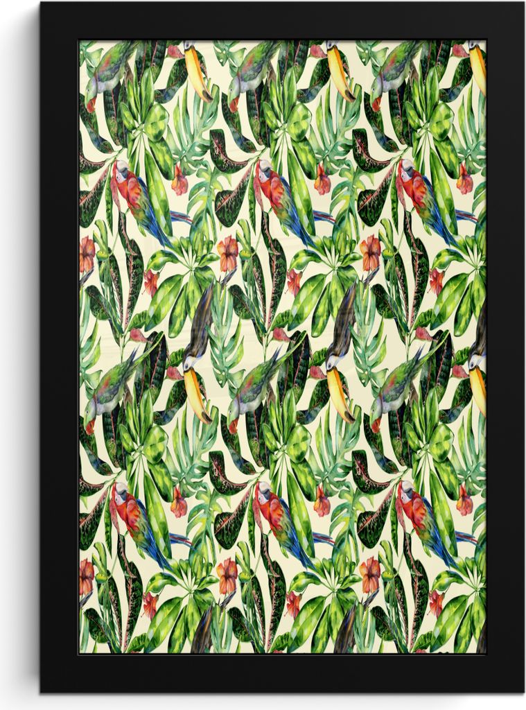 MuchoWow MuchoWow Gerahmtes Poster Blumen - Hibiskus - Vogel - Muster 20x30 cm - Poster mit zchwarzem Bilderrahmen - Drucken - Bilder Poster im...