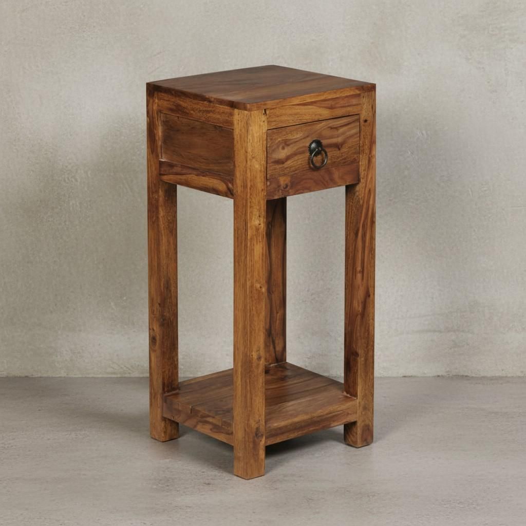 Massivholz Beistelltisch Sheesham, mit Ablage und Schublade - Handgefertigt. 30x30x68 cm | Kadima Design
