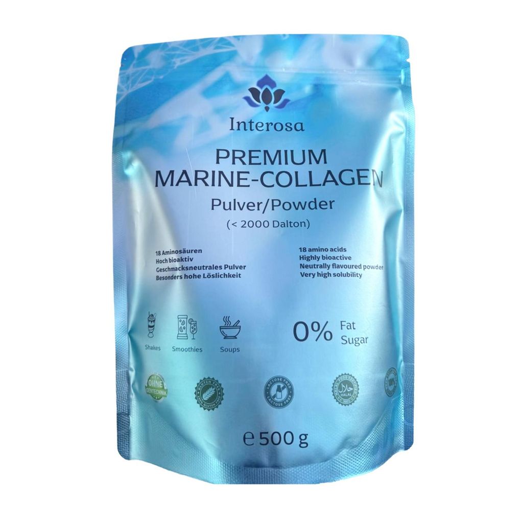 INTEROSA Marine Collagen Pulver 500 g (Fisch Kollagen) und 18 Aminosäuren - geschmacksneutral