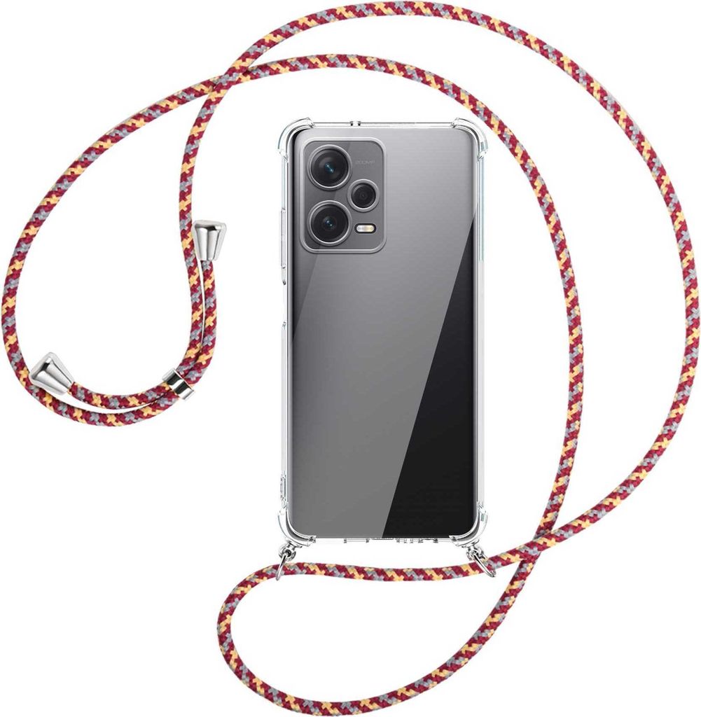 Handykette Backcover-Schutzhülle mit Band (Metall silberfarben) für Xiaomi Redmi Note 12 Pro Plus - weinrot/gelb/grau