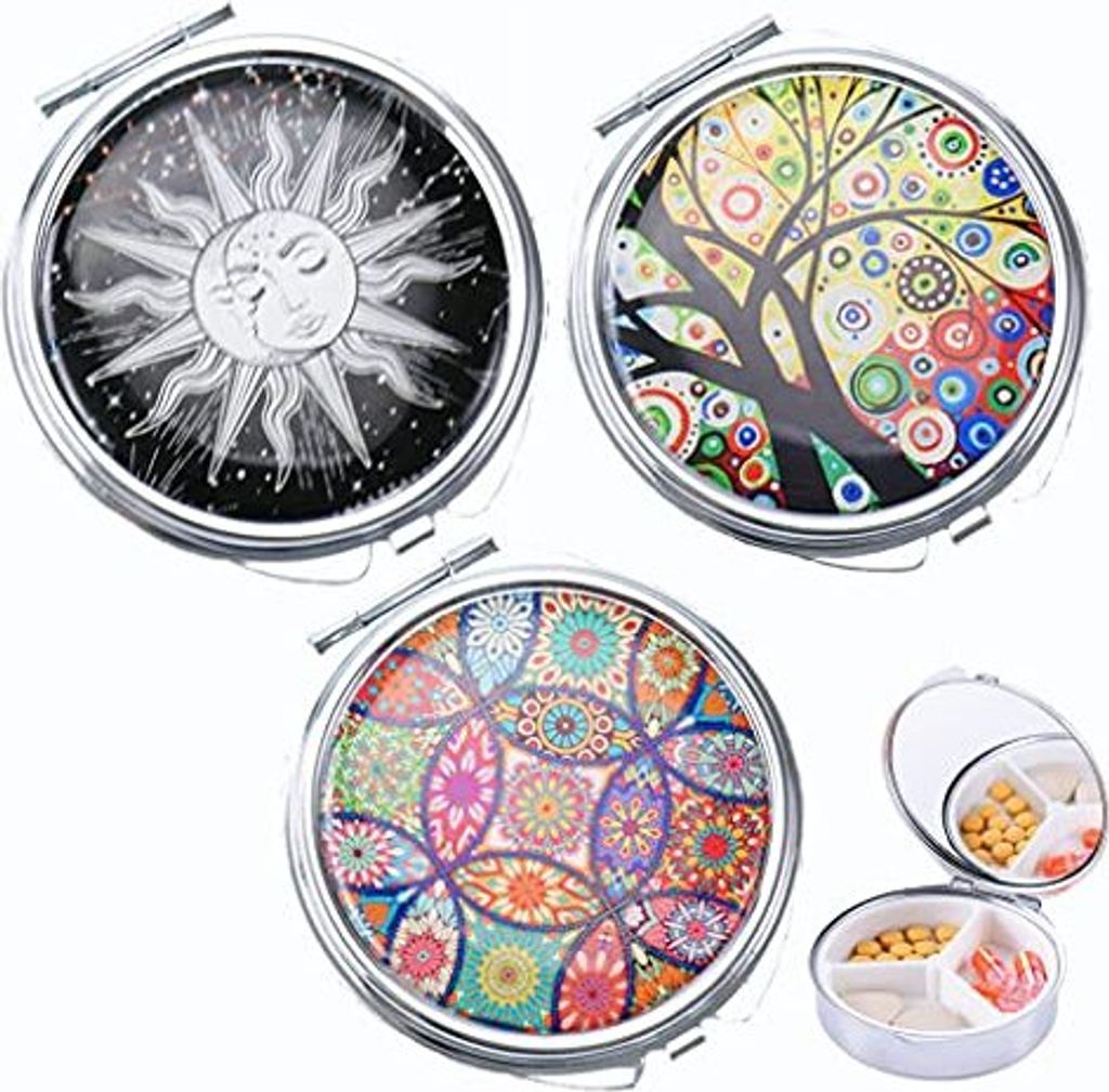 Pack 3 Metall Pill Box Runde kleine Kompartimente tragbare Reise Vintage Muster Mirror Vitamins Medizin Tablet Organizer Hülle täglich