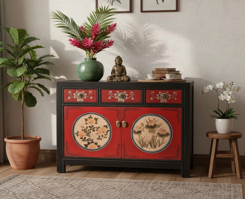 OPIUM OUTLET Kommode Sideboard Schrank orientalisch chinesisch asiatisch Möbel Schränkchen Anrichte rot-schwarz Vintage Shabby Chic Stil antiker ...