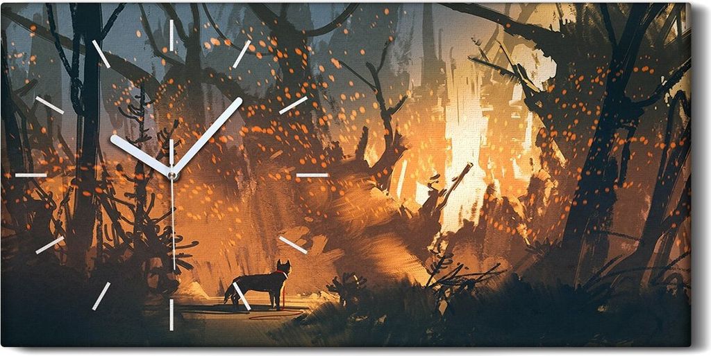 Wanduhr Bürouhr Leinwand Bild Kunstdruck 60x30 Hund im Wald mit mystischem Licht - weiße Hände