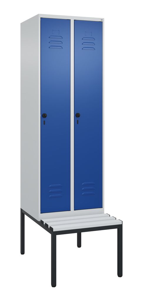 Garderobenschrank, untergeb. Sitzbank, BxTxH 600x500x2120 mm, 2 Abteile, Abt.B 300 mm, Kunststoffleisten, Drehriegel, RAL 7035/5010