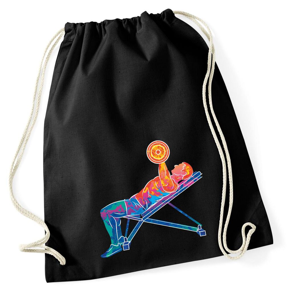 Huuraa Turnbeutel Fitness Training Bench Press bunte Silhouette 12 Liter Black Baumwolle Rucksack Geschenkidee