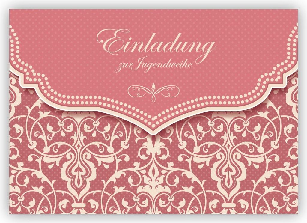 Zarte Vintage Einladungskarte mit Retro Damast Muster in rosa für junge Damen: Einladung zur Jugendweihe