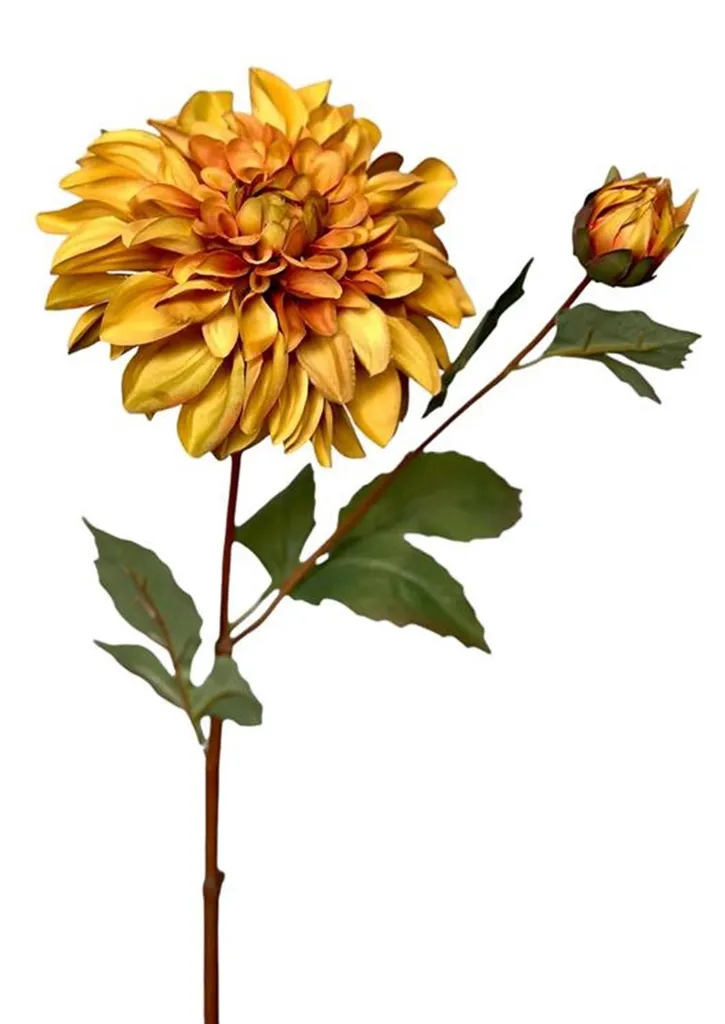 Grande Fleur de Dahlia Artificielle Jaune Ocre 80 cm Haute Qualité