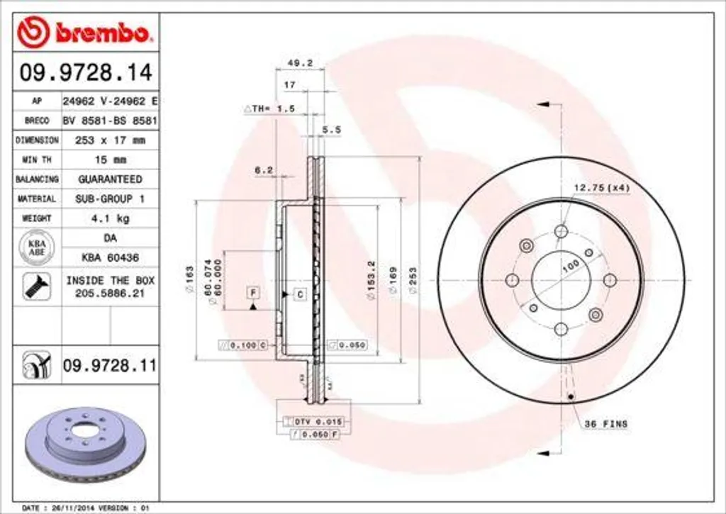 Disque de frein Brembo 09.9728.11 pour Opel Agila A - OE 4706749