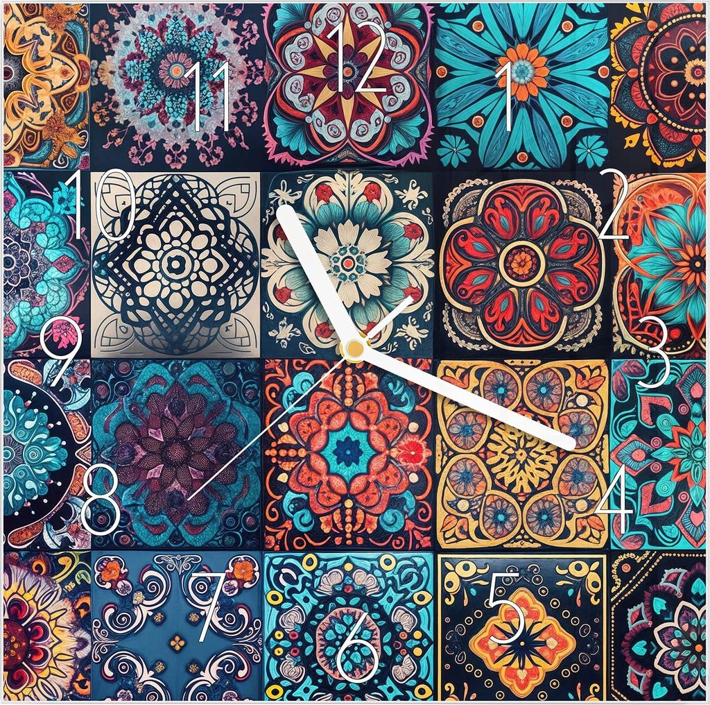 Wanduhr aus Glas mit Motiv Mandala Mosaik Teppich- 30 x 30 cm - inkl. Aufhängesystem