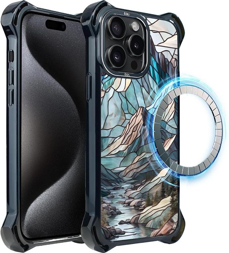 Schutzhülle für das iPhone 15 Pro Max, MagSafe-kompatibel, verstärkte Ecken, schwarz, Glasmalerei, Berglandschaft