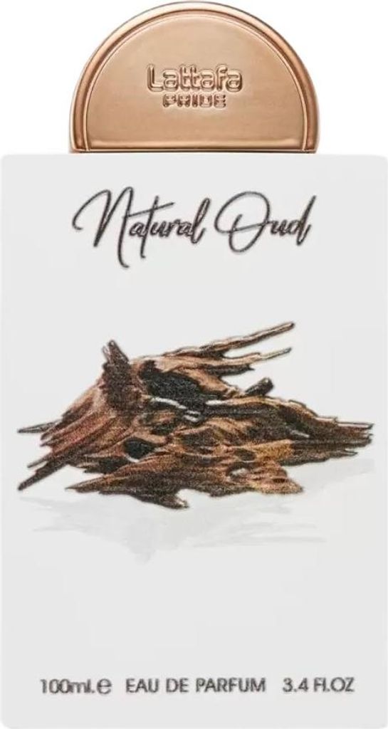 A bottle of Lattafa Pride Natural Oud Eau de Parfum with a prominent image of oud wood.