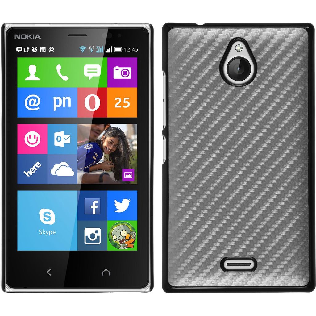 PhoneNatic Case kompatibel mit Nokia X2 - Hülle silber Carbonoptik Hard-case + 2 Schutzfolien