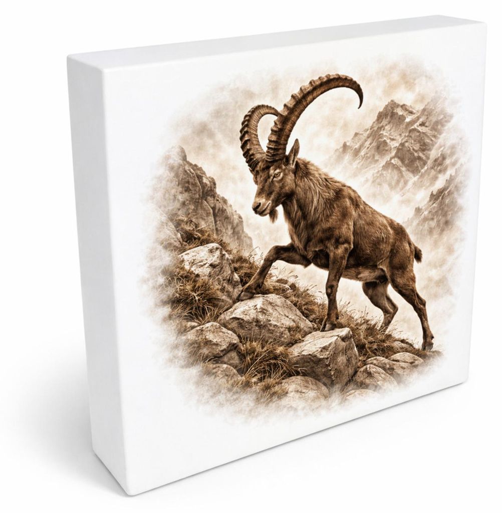 Wild and Free Steinbock Holzbild in 20x20 cm zum Stellen oder Aufhängen