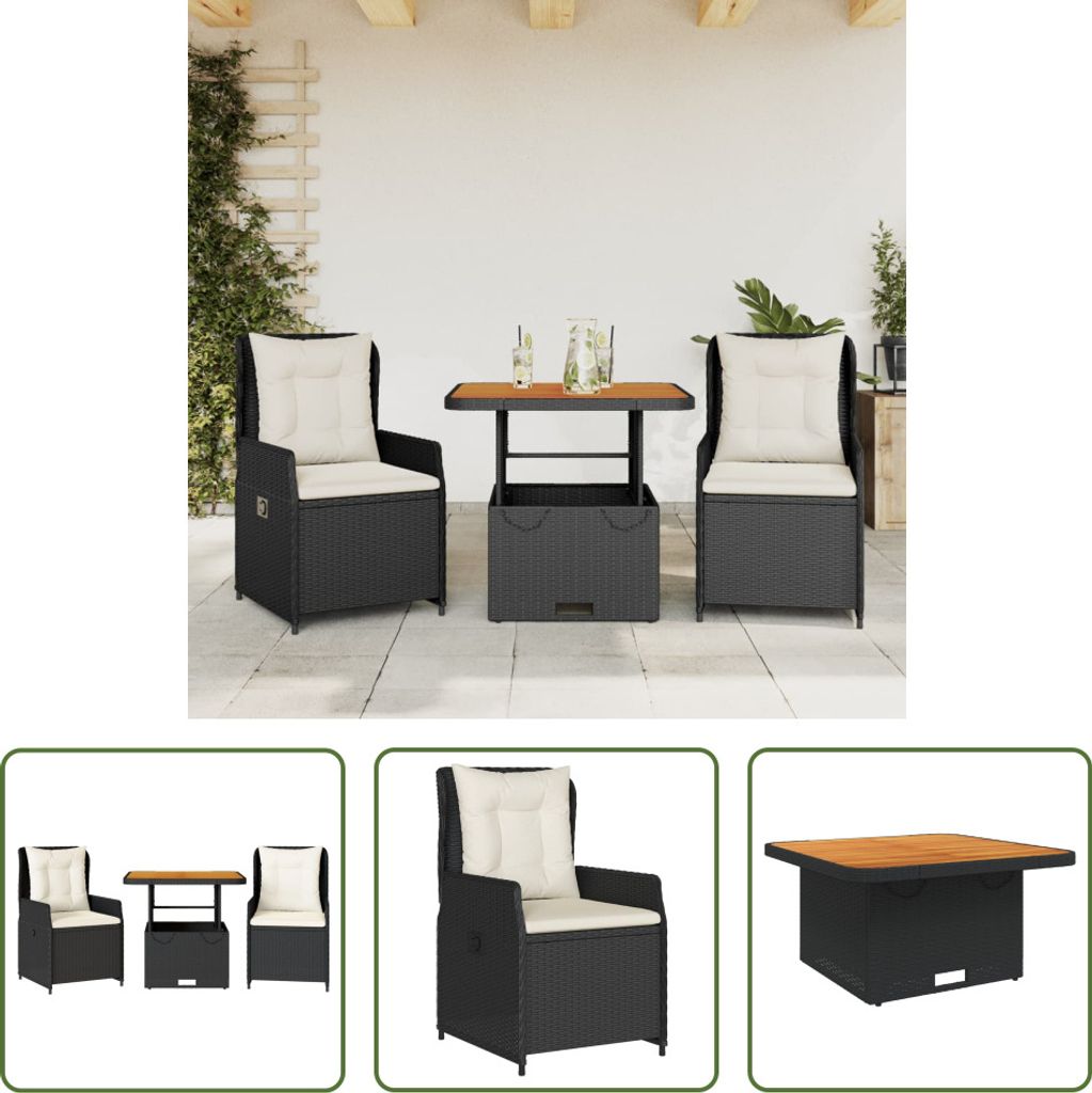 The Living Store 3-tlg. Bistro-Set mit Kissen Schwarz Poly Rattan