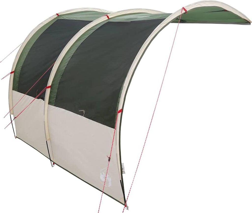 A freestanding tarp structure with a curved roof and two arched sections, shown against a white background.