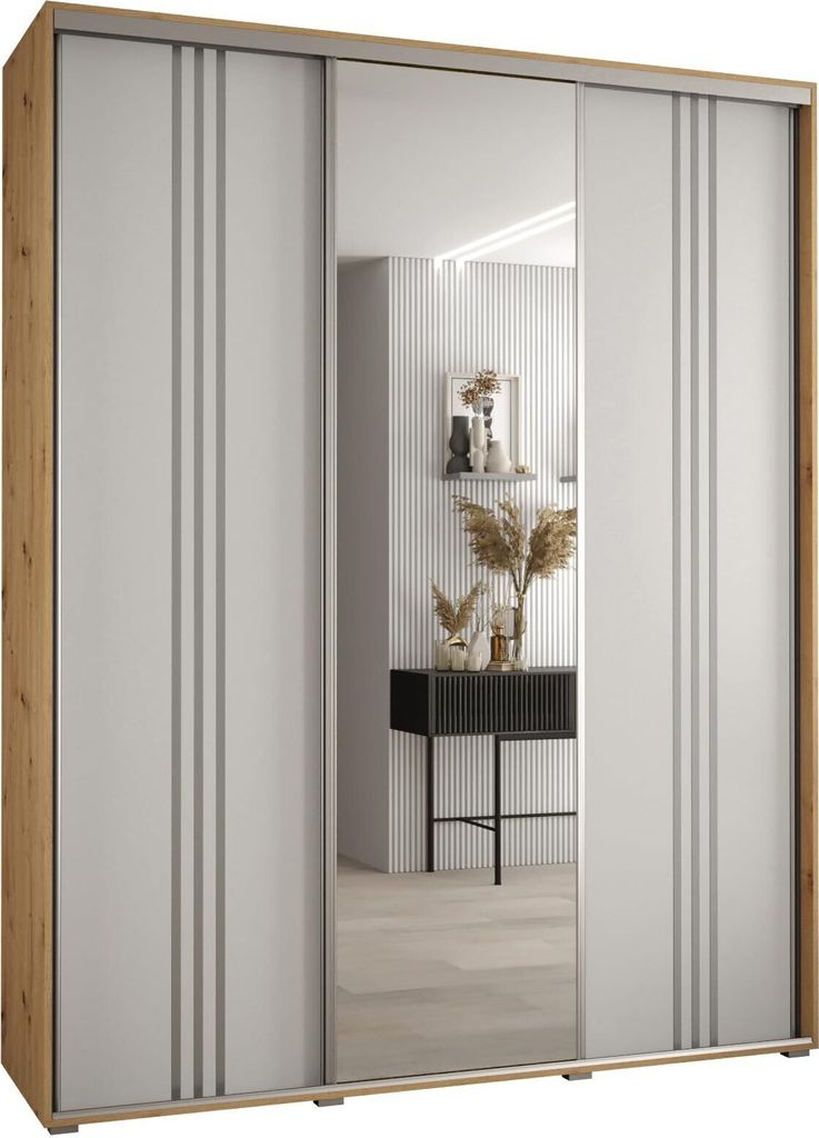 MEBLE KRYSPOL Cannes 7 Schrank mit 3 Schiebetüren - 205,2x190x45 cm - Artisan Weiß Silber