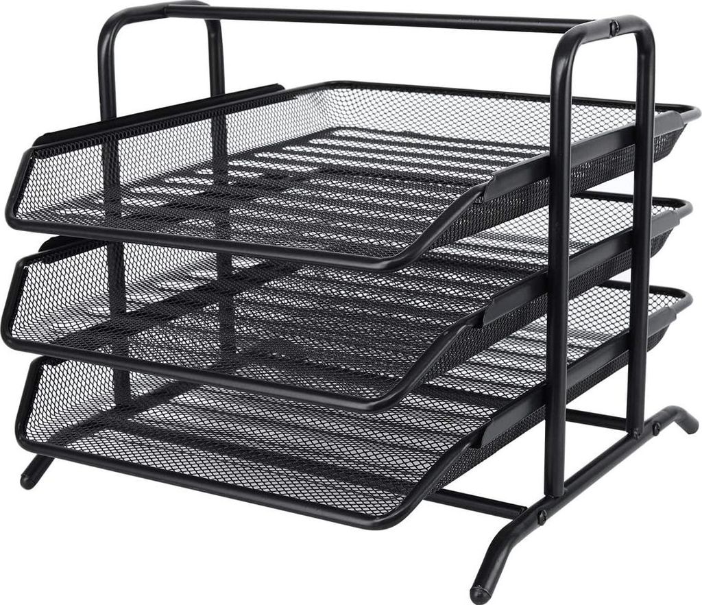 Dokumentenhalter und Organizer für den Schreibtisch mit 3 Fächern - Metall - A4 Format - Schwarz - Papierablage - Zeitschriftenhalter - Briefablage
