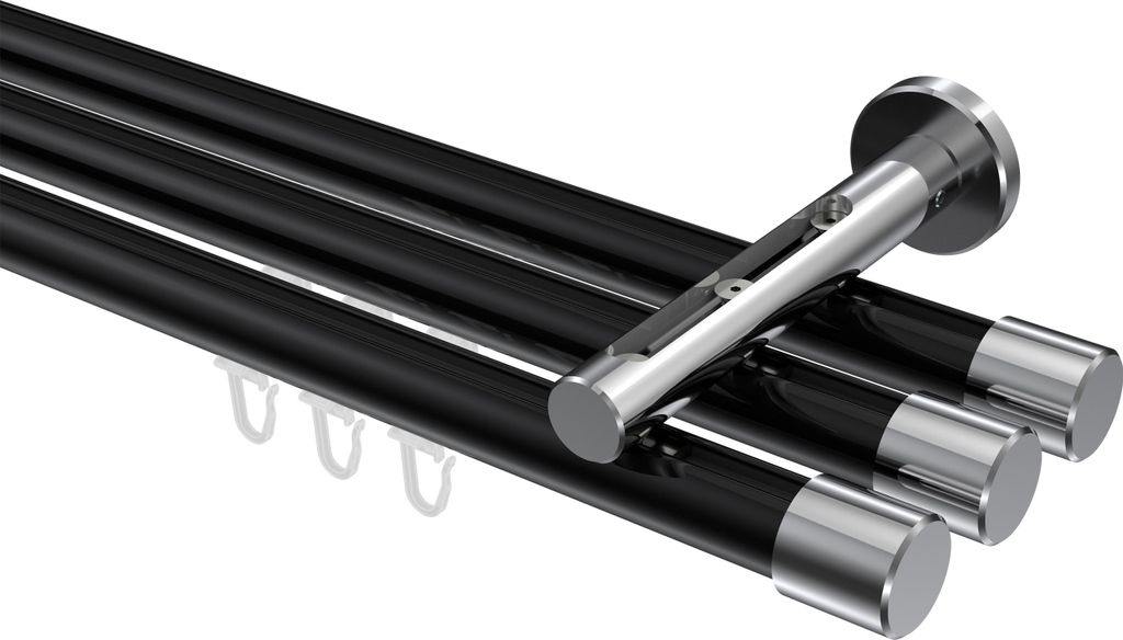 Interdeco Innenlaufstange / Gardinenstange mit Innenlauf Schwarz / Chrom, Typ Siteno Santo (Kappe), 20 mm Ø 3-läufig, 540 cm