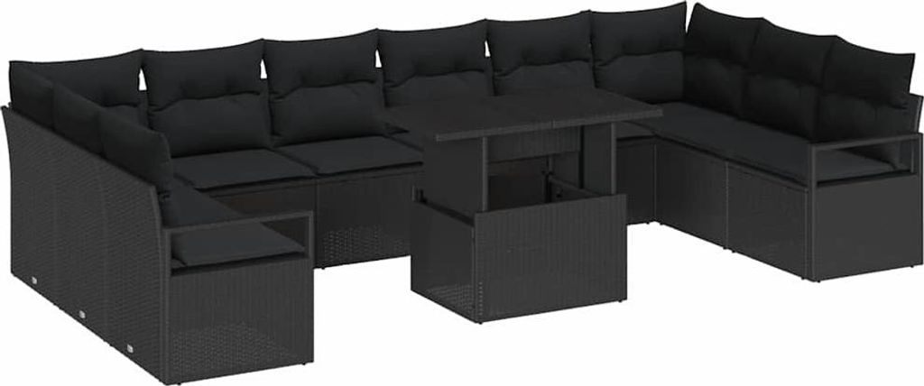 vidaXL Garten-Sofa-Set mit Kissen 11 pcs Schwarz Poly-Rattan